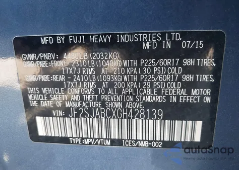 2016 Subaru Forester 2.5I from USA, damaged, VIN JF2SJABCXGH428139